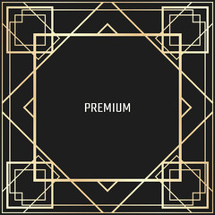 Vector geometric frame in Art Deco style. Square abstract element for design. Light golden lined shape. Sandblasting ornament.
