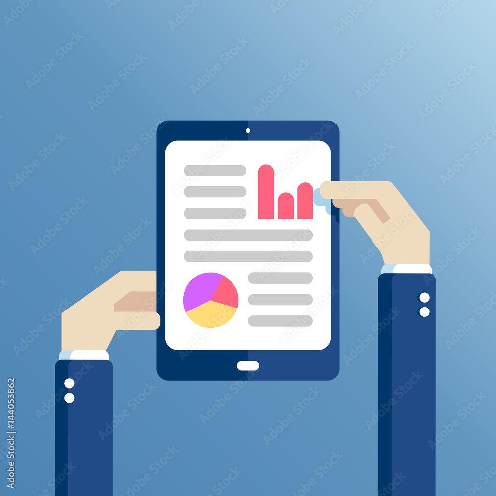 Poster hands holding tablet with checklist on the screen flat design. hands of businessman mark completed i