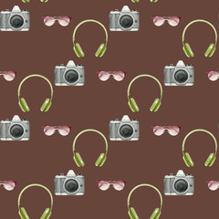 Watercolor hipster seamless pattern with photo camera,sunglasses,headphones on brown background.