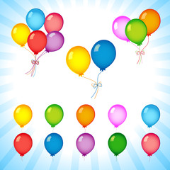 Colorful helium balloons on flash radial lines. Bunches and groups of colored helium balloons isolated on on flash radial lines background