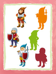 cartoon page with medieval characters different knight dwarfs game with shapes