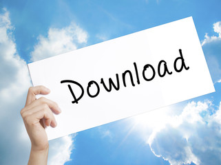 Download Sign on white paper. Man Hand Holding Paper with text. Isolated on sky background