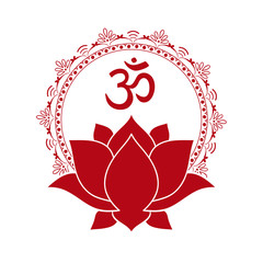 Om symbol with hand drawn mandala and Lotus. Set of oriental ornaments for greeting card, invitation, yoga poster, coloring book.