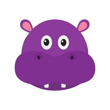 Hippopotamus head face. Cute cartoon character hippo with tooth. Violet behemoth river-horse icon. Baby animal collection. Education card for kids. Flat design. White background. Isolated.