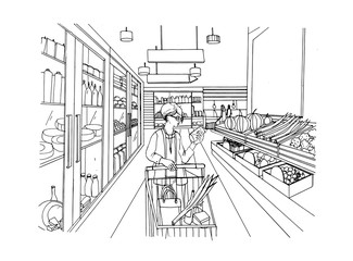 Supermarket interior with shopper girl. Grocery store, hand drawn colorful illustration.