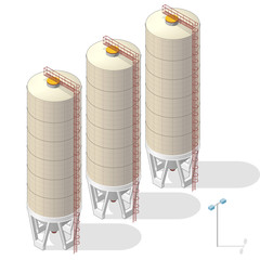 Grain silo isometric building info graphic, big ochre seed elevator on white background. Illustration of agriculture, farming, husbandry. Flatten isolated master vector.