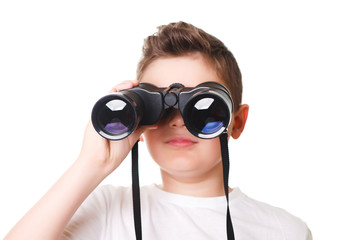 little boy is looking through binoculars. Isolated over white