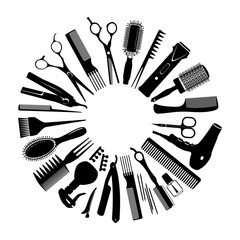 silhouettes of tools for the hairdresser in a circle