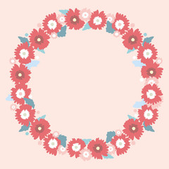 Round frame of beautiful red flowers and leaves on a pink background. Summer wreath. Vector