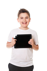 boy with a tablet computer isolated on white background