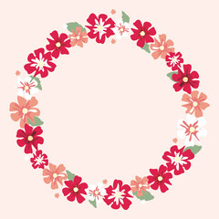 Round frame of beautiful red flowers and leaves on a beige background. Summer wreath. Vector