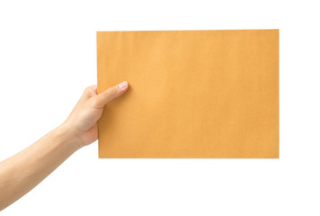 hand holding brown envelope on white background