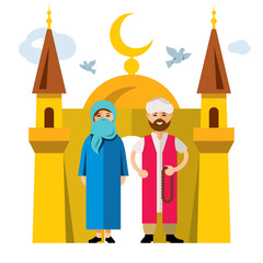 Vector Muslim family and Islam. Flat style colorful Cartoon illustration.