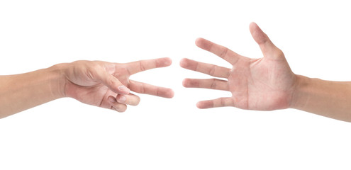 Man hand playing rock paper scissors isolate on white background