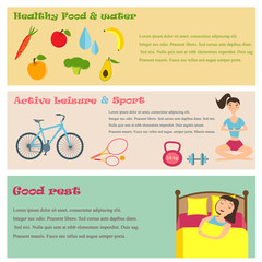 Three banners of healthy lifestyle icons
