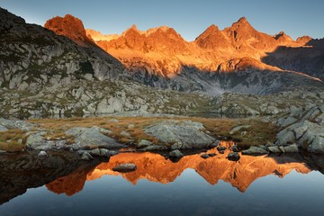 Nero lake, Adamello Brenta natural park, Trentino Alto Adige, Italy. The Presanella's chain at sunrise.