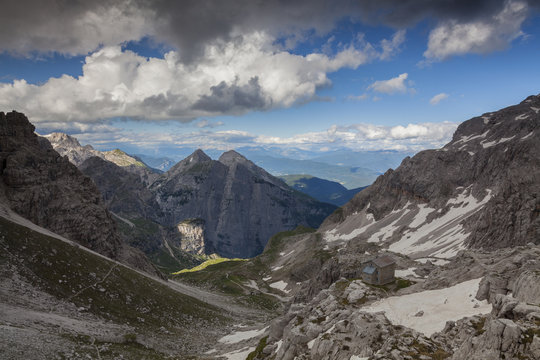 Brenta dolomites, Adamello Brenta natural park, Trentino, Italy. View of Seghe valley from Tosa-Pedrotti hut.