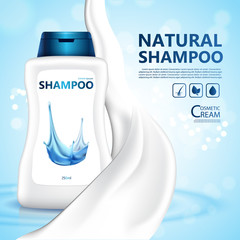 Plastic bottle with hair shampoo. Product with label design. Water and bokeh background