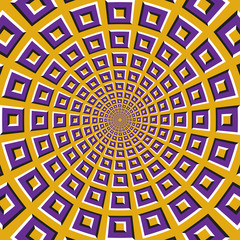 Optical motion illusion background. Purple squares fly apart circularly from the center on yellow background.