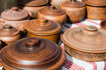 Empty Pottery Crockery in Rustic Style.
