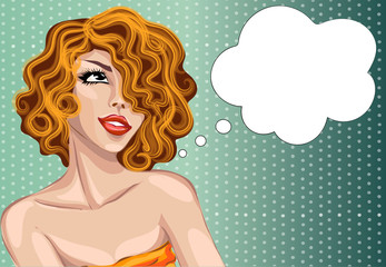 Pin up style sexy dreaming woman portrait with speech bubble, pop art girl looking up face, vector - 144061409