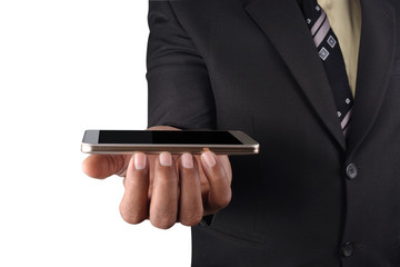 Business man holding mobile phone isolated on white background
