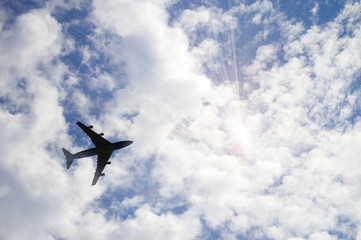 The plane flies in the sky against the background of clouds