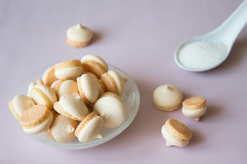 Close up of cookies with sugar. Pink background