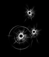 Vector Transparent Broken Glass Window with three Bullet Holes Close up Isolated on Dark Black Background