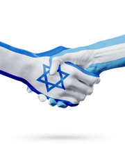 Flags Israel, Argentina countries, partnership friendship handshake concept.