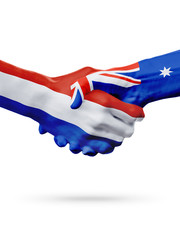 Flags Netherlands, Australia countries, partnership friendship handshake concept.