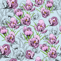 Materiał do szycia illustration of seamless pattern First Snowdrops Galanthus Flowers. Spring background, wallpaper and printable wrapingpaper.
