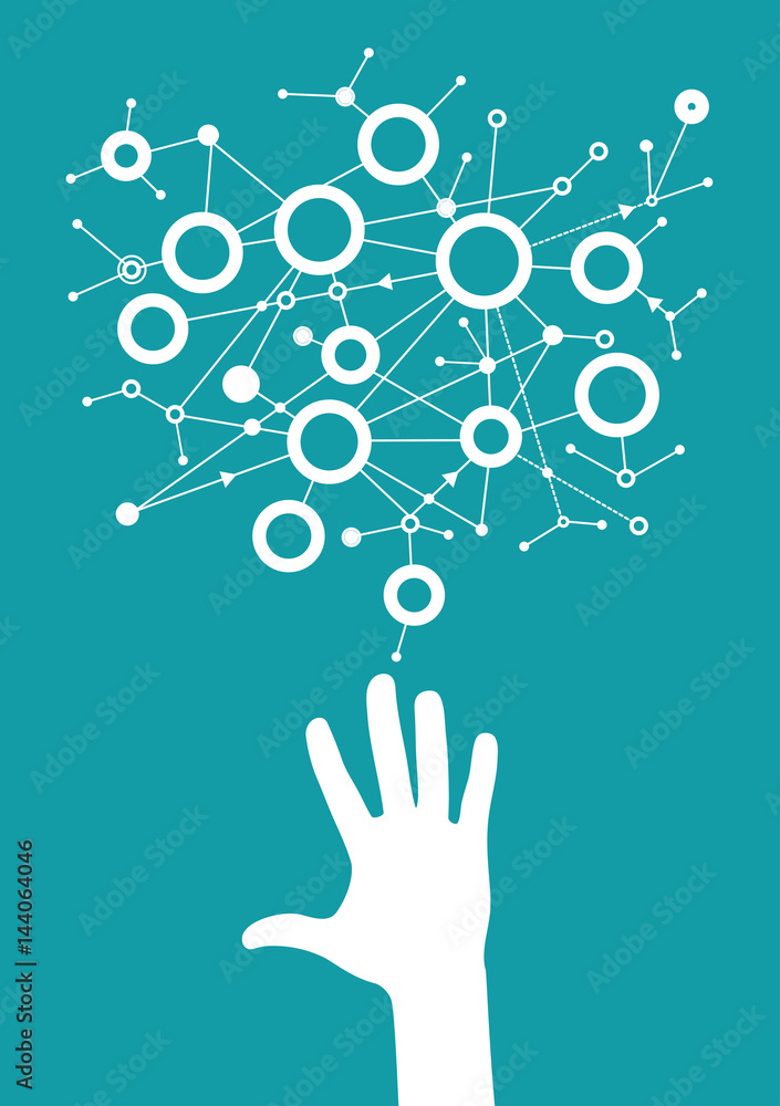 Poster man touching digital data network with his fingers. network of connected devices. file is saved in 1