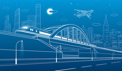 Train traveling along the railway bridge, highway. Urban infrastructure illustration, modern city on background, industrial architecture, towers and skyscrapers, arplane fly. Vector design art 