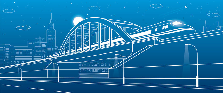 Train traveling along the railway bridge, highway. Urban infrastructure illustration, modern city on background, industrial architecture, towers and skyscrapers, arplane fly. Vector design art 