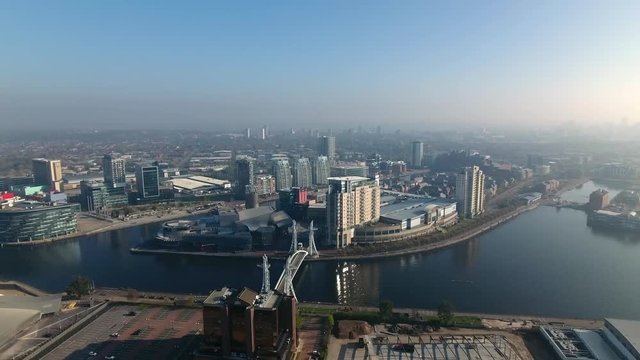 Aerial view of Salford Quays and Media City in Manchester, UK.