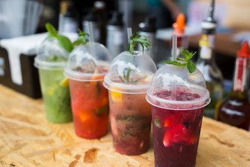 Creative exotic non-alcoholic cocktails in night club bar