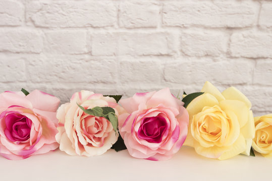 Pink Rose Mock Up. Styled Stock Photography. Floral Frame, Styled Wall Mock Up. Rose Flower Mockup, Valentine Mothers Day Card, Giftcard, White Desk Mockup