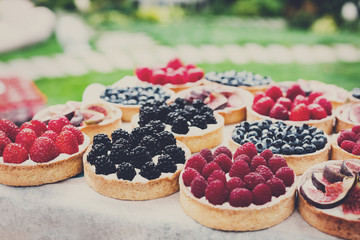 Fruit and berry tarts dessert tray assorted outdoors