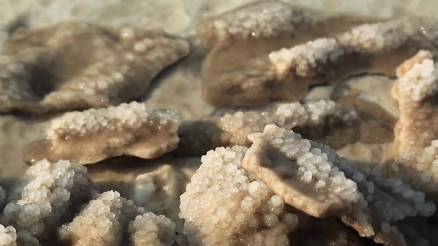 Salt on the shore of Dead Sea in Jordan. White salt deposits of Dead Sea