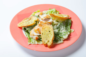 Caesar salad plate with cheese and garlic bread