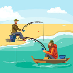 Flat fisherman hat sits on boat with trolling fishing rod in hand and catches bucket, Fishman crocheted spin into the sea waiting big fish funny vector illustration, Man active banner concept.