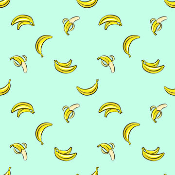 Vector seamless pattern with hand drawn bananas on a blue background.