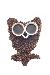 Owl made of coffee beans over white background