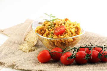 Chicken tikka masala spicy curry meat food with rice