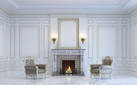 A classic interior is in light tones with fireplace . 3d rendering.