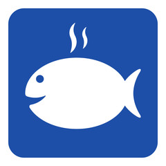blue, white sign - grilling fish with smoke icon