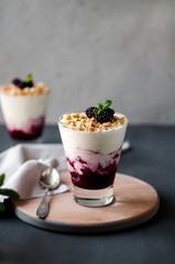 Granola with yogurt and berries in a glass. Food styling
