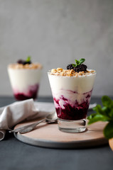 Delicious Breakfast in a glass with granola, yogurt and berries