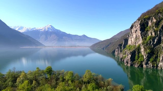 Aerial 4k - Novate Mezzola - Valchiavenna (IT) - Vista aerea dal Lago di Mezzola verso Colico 